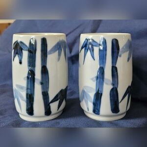 Vintage 3-3/4" Blue and White Japanese Water Jars Or Brush Jars Bamboo Design